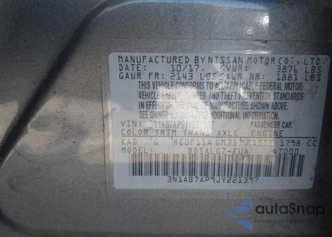 2018 Nissan Sentra Sl z USA, uszkodzony, nr VIN 3N1AB7AP9JY221397